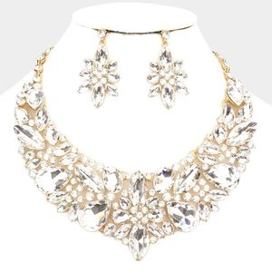 Gold Crystals Multi Stone Statement Necklace Set Glamorous Evening Wear Jewelry